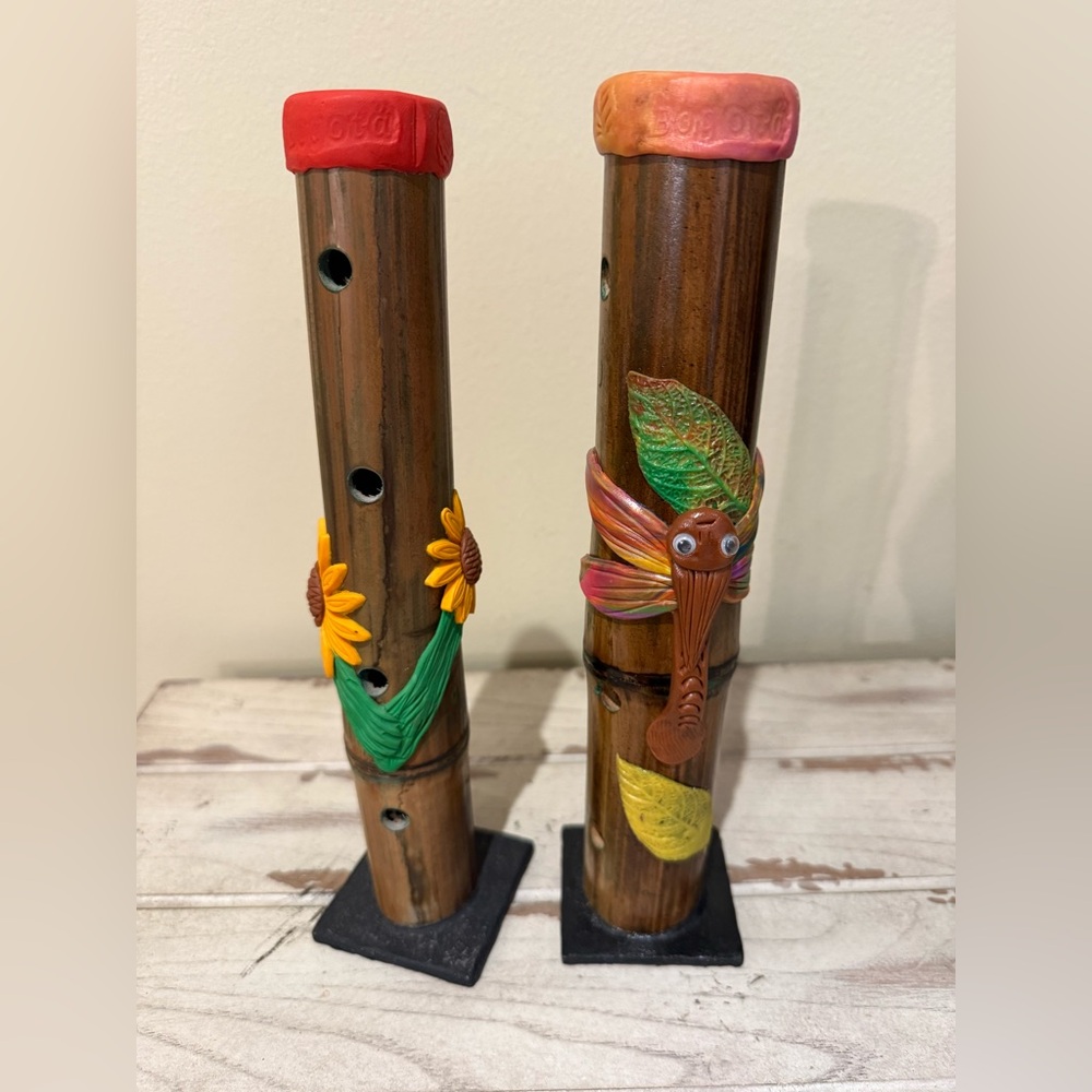 Pair of Incense Holder Towers, Dragonfly and Sunflowers